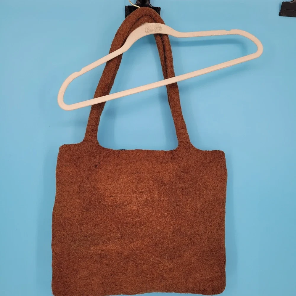 100% Wool Owl Tote Bag Womens Large Brown Boho Applique Handmade Nepal